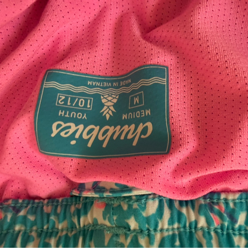 chubbies Kids Teal Swim Trunks with Pink Dolphin Print - Picture 3 of 3